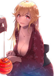 Rule 34 | 1girl, :d, artist name, azur lane, balloon, blonde hair, blush, breasts, cleavage, collarbone, commentary request, dermar, festival, fingernails, floral print, hair between eyes, highres, japanese clothes, kimono, large breasts, lens flare, long fingernails, long hair, long sleeves, looking at viewer, obi, open mouth, pov, print kimono, red eyes, red kimono, richelieu (azur lane), sash, sidelocks, simple background, smile, solo, squatting, summer festival, tearing up, water balloon, water yoyo, white background, wide sleeves, yukata