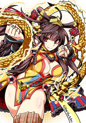 Rule 34 | 1girl, bad id, bad pixiv id, big hair, braid, breasts, brown hair, china dress, chinese clothes, cleavage, clenched hands, commentary request, cowboy shot, dragon, dress, eastern dragon, fighting stance, floating hair, forbidden city (oshiro project), hair between eyes, hair ornament, large breasts, long hair, momohara rile, oshiro project:re, oshiro project:re, red eyes, side braid, simple background, solo, standing, thighs, twin braids, twitter username, v-shaped eyebrows, very long hair, white background