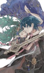 Rule 34 | 1boy, 1girl, armor, blue eyes, braid, byleth (fire emblem), byleth (male) (fire emblem), cloak, closed eyes, fire emblem, fire emblem: three houses, floating, from side, gloves, green hair, heroes relic (fire emblem), highres, holding, holding sword, holding weapon, hug, long hair, nintendo, open mouth, pointy ears, ribbon braid, short hair, simple background, sothis (fire emblem), sword, sword of the creator, tiara, twin braids, upper body, weapon, white background