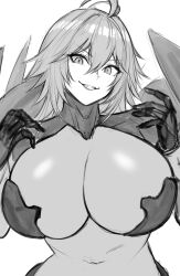 Rule 34 | 1girl, ahoge, arm armor, armor, armored gloves, armored leotard, bodystocking, boobplate, breastplate, breasts, cleavage, covered navel, goddess of victory: nikke, greyscale, grin, hair between eyes, hands up, head tilt, highres, huge breasts, kurone rinka, long hair, looking at viewer, monochrome, nihilister (nikke), see-through, see-through cleavage, sidelocks, simple background, sketch, smile, solo, unfinished, white background