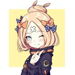 Rule 34 | 1girl, abigail williams (fate), abigail williams (traveling outfit) (fate), absurdres, alternate hairstyle, artist request, bandaid, bandaid on face, bandaid on forehead, belt, black bow, black jacket, blonde hair, blue eyes, blush, border, bow, fate/grand order, fate (series), forehead, hair bow, hair bun, high collar, highres, index finger raised, jacket, long hair, looking at viewer, official alternate costume, one eye closed, orange bow, parted bangs, polka dot, polka dot bow, simple background, single hair bun, sleeves past fingers, sleeves past wrists, smile, solo, white border, yellow background