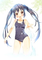 Rule 34 | 1girl, :d, bare shoulders, black hair, blush, brown eyes, cowboy shot, k-on!, kazuma (kazumav), long hair, looking at viewer, nakano azusa, navel, one-piece swimsuit, open mouth, outstretched hand, school swimsuit, shiny clothes, skindentation, smile, solo, splashing, swimsuit, twintails, wading, water, wet, wet clothes