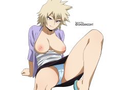 Rule 34 | 1girl, arm behind back, arm support, artist name, bakugou mitsuki, blonde hair, boku no hero academia, breasts, camisole, cardigan, clothes pull, crotch seam, highres, large breasts, looking at viewer, mature female, panties, purple cardigan, red eyes, shirt pull, shoes, shoganight, short hair, simple background, skirt, solo, spiked hair, spread legs, underwear, upskirt, white background, white panties