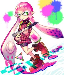 Rule 34 | 1girl, bad id, bad pixiv id, bike shorts, bomb, boots, collared shirt, container, dutch angle, explosive, green eyes, gun, highres, holding, ink tank (splatoon), inkling, inkling girl, inkling player character, long hair, looking to the side, nintendo, paint splatter, pink hair, plaid, plaid shirt, pointy ears, shirt, shoes, single vertical stripe, solo, splatoon (series), splatoon 1, standing, tentacle hair, thi fure, walking, weapon