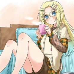 Rule 34 | 1girl, bed, blonde hair, blue eyes, blue hair, blush, brown shirt, brown shorts, closed mouth, coffee mug, collared shirt, colorfulness (love live!), commentary, cup, drawstring, gradient hair, hair down, hair ornament, hairclip, highres, holding, holding cup, hood, hoodie, katanashi (ktnsh popu), knees up, layered sleeves, leaning on object, light blue hair, link! like! love live!, long hair, long sleeves, looking at viewer, love live!, mug, multicolored hair, official alternate costume, official alternate hairstyle, on floor, orange background, osawa rurino, parted bangs, plaid, plaid shirt, shirt, short over long sleeves, short shorts, short sleeves, shorts, sitting, solo, steam, too many hairclips, virtual youtuber, white hoodie, x hair ornament