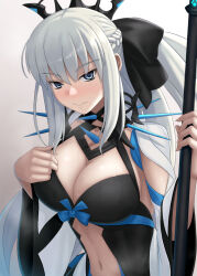 1girl black_bow black_dress blue_eyes blush bow braid breasts center_opening chuppa_(katotsuba) cleavage dress fate/grand_order fate_(series) grey_hair hair_bow large_breasts long_hair long_sleeves looking_at_viewer morgan_le_fay_(fate) navel ponytail sidelocks solo spikes staff tiara two-tone_dress very_long_hair white_dress wide_sleeves