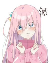 Rule 34 | !?, 1girl, absurdres, blue eyes, blush, bocchi the rock!, cube hair ornament, gavienc, gotoh hitori, hair ornament, hair over eyes, head tilt, highres, jacket, long hair, long sleeves, looking at viewer, one side up, pink hair, pink jacket, sweat, track jacket, upper body, v-shaped eyebrows, white background