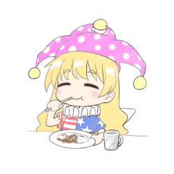 Rule 34 | 1girl, :t, ^ ^, american flag dress, blonde hair, blue dress, blush, chibi, closed eyes, clownpiece, commentary request, cup, curry, curry rice, dress, food, hand up, hat, holding, holding plate, holding spoon, jester cap, long hair, naegi (naegidokoro), neck ruff, pink hat, plate, polka dot headwear, red dress, rice, short sleeves, simple background, smile, solo, spoon, star (symbol), star print, striped clothes, striped dress, touhou, upper body, white background, white dress