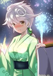 Rule 34 | 10s, 1girl, alternate costume, blush, braid, clothes grab, cloud print, commentary request, eko, fireworks, green kimono, japanese clothes, jitome, kantai collection, kimono, long hair, looking at viewer, night, night sky, parted lips, silver hair, single braid, sky, solo, unryuu (kancolle), very long hair, wide sleeves, yellow eyes, yukata