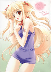 Rule 34 | 1girl, absurdres, animal ears, blonde hair, blush, collar, dog ears, fang, female focus, gradient background, hair ribbon, highres, long hair, non-web source, one-piece swimsuit, open mouth, purple one-piece swimsuit, purple school swimsuit, red eyes, ribbon, scan, school swimsuit, solo, suzuhira hiro, swimsuit, tail, thigh gap, thighs, touko (wanko to lily), translation request, twintails, very long hair, wanko to lily