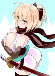 Rule 34 | 1girl, ahoge, aqua eyes, armor, ass, bare shoulders, black thighhighs, blonde hair, blush, bow, breasts, breasts out, covering privates, covering breasts, fate/grand order, fate (series), hair bow, half updo, japanese armor, japanese clothes, katana, koha-ace, kote, large breasts, looking at viewer, obi, okita souji (fate), okita souji (koha-ace), ponytail, sash, scarf, sheath, sheathed, short hair, simple background, solo, sword, thighhighs, tsukamori shuuji, weapon