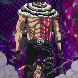 Rule 34 | 2boys, abs, age difference, angry, black hair, charlotte katakuri, male focus, monkey d. luffy, multiple boys, muscular, one piece, pectorals, pink hair, screencap, size difference, source request, standing, tattoo