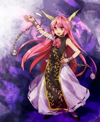 Rule 34 | 1girl, absurdres, arm up, bandages, black footwear, black tabard, commentary request, cuffs, dress, flat chest, flower, full body, hand on own hip, highres, horns, ibaraki douji (touhou), kaigen 1025, long hair, open mouth, pink eyes, pink flower, pink hair, pink rose, ribbon-trimmed dress, rose, shackles, smile, solo, tabard, touhou, white dress