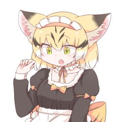 Rule 34 | 10s, 1girl, adapted costume, alternate costume, animal ears, back bow, bad id, bad twitter id, blonde hair, bow, cat ears, commentary request, dress, enmaided, fang, fur trim, juliet sleeves, kemono friends, long sleeves, mahe (hammerdskd), maid, maid headdress, multicolored hair, neck ribbon, open mouth, puffy sleeves, ribbon, sand cat (kemono friends), short hair, solo, yellow eyes