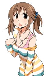 Rule 34 | 10s, 1girl, absurdres, anbe masahiro, bra, breasts, brown eyes, brown hair, cleavage, collar tug, highres, hori yuuko, idolmaster, idolmaster cinderella girls, jewelry, long sleeves, looking at viewer, medium breasts, multicolored shirt, multicolored stripes, necklace, off shoulder, open mouth, pink bra, ponytail, scrunchie, shirt, short hair, simple background, solo, standing, striped clothes, striped shirt, sweat, totoki airi, underwear, upper body, white background