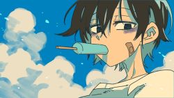 Rule 34 | 1boy, bags under eyes, bandaid, bandaid on face, black eyes, black hair, blue sky, cloud, day, food, food in mouth, hair between eyes, lee hoon, looking at viewer, outdoors, parkgee, popsicle, popsicle in mouth, sky, solo, suicide boy