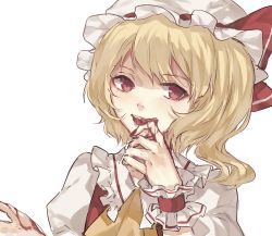 Rule 34 | 1girl, blonde hair, blood, flandre scarlet, hat, highres, kaneblob, looking at viewer, parted lips, red eyes, simple background, smile, solo, teeth, touhou, white background