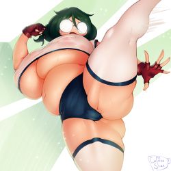 Rule 34 | artist name, breasts, cameltoe, coffeeslice, coke-bottle glasses, fingerless gloves, glasses, gloves, green hair, gym uniform, hair between eyes, highres, huge breasts, leg up, midriff, navel, nerd (coffeeslice), open mouth, original, plump, red gloves, see-through, shirt, sweat, thick thighs, thighs, underboob, white shirt