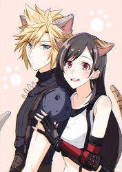 Rule 34 | 1boy, 1girl, absurdres, animal ears, arm guards, armor, bare shoulders, black gloves, black hair, black skirt, black sports bra, blonde hair, blue eyes, blush, cat ears, cat tail, closed mouth, cloud strife, crop top, earrings, elbow gloves, final fantasy, final fantasy vii, final fantasy vii remake, fingerless gloves, gloves, highres, jewelry, long hair, looking at viewer, low-tied long hair, midriff, mizuamememe, open mouth, red eyes, ribbed sweater, shoulder armor, single earring, skirt, sleeveless, sleeveless turtleneck, spiked hair, sports bra, suspender skirt, suspenders, sweater, swept bangs, tail, tank top, teeth, tifa lockhart, turtleneck, turtleneck sweater, undershirt, upper body, upper teeth only, white tank top
