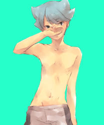 Rule 34 | 1boy, bad id, bad pixiv id, blue hair, inazuma eleven, inazuma eleven (series), inazuma eleven go, kai (inazuma eleven), male focus, shiro (reptil), simple background, solo, standing, topless male