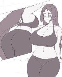 Rule 34 | 1girl, alternate costume, arms behind back, ass, back, bare shoulders, blush, breasts, cleavage, closed mouth, collarbone, curvy, fate/grand order, fate (series), greyscale, kuavera, large breasts, long hair, minamoto no raikou (fate), monochrome, navel, pants, parted bangs, sideboob, smile, sports bra, thick thighs, thighs, yoga pants