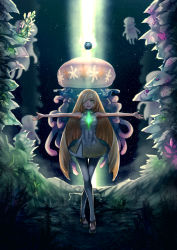 Rule 34 | 1girl, advarcher, beast ball, blonde hair, creatures (company), evil smile, game freak, gen 7 pokemon, green eyes, long hair, looking at viewer, lusamine (pokemon), nihilego, nintendo, open mouth, outstretched arms, poke ball, pokemon, pokemon (creature), pokemon sm, smile, spoilers, tentacles, ultra beast, very long hair