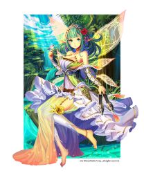 Rule 34 | 4th, anklet, bad id, bad pixiv id, barefoot, day, detached leggings, dress, fairy wings, flower, green hair, gyakushuu no fantasica, hair flower, hair ornament, jewelry, nature, official art, pointy ears, river, shoes, unworn shoes, sitting, soaking feet, solo, water, wings