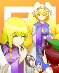 Rule 34 | 3girls, animal ears, bad id, bad pixiv id, blonde hair, breasts, brown hair, cat ears, chen, commentary request, cosmetics, dress, earrings, closed eyes, fox tail, green headwear, hair bobbles, hair ornament, hat, highres, jewelry, leaning forward, lipstick tube, long hair, long sleeves, looking at another, medium breasts, mirror, multiple girls, multiple tails, no headwear, no headwear, okahi, open mouth, orange background, reflection, smile, tabard, tail, teaching, teeth, touhou, two-tone background, vest, white background, white dress, wide sleeves, worried, yakumo ran, yakumo yukari, yellow eyes
