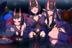 Rule 34 | 3girls, age comparison, aged down, aged up, bare shoulders, blush, bob cut, breasts, collarbone, echo (circa), eyeliner, fate/grand order, fate (series), headpiece, horns, japanese clothes, kimono, large breasts, long hair, long sleeves, looking at viewer, makeup, multiple girls, multiple persona, oni, purple eyes, purple hair, purple kimono, revealing clothes, short hair, shuten douji (fate), sitting, skin-covered horns, small breasts, smile, time paradox, wide sleeves