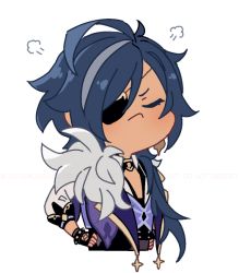 Rule 34 | 1boy, puff of air, ahoge, black gloves, blue hair, chibi, closed mouth, cropped torso, dark-skinned male, dark skin, earrings, eyelashes, eyepatch, closed eyes, feather boa, fingerless gloves, genshin impact, gloves, hair over shoulder, hands on own hips, jagaimoimpact, jewelry, kaeya (genshin impact), long hair, male focus, multicolored hair, no nose, one eye covered, ponytail, pout, simple background, single earring, sleeve cuffs, solo, spiked gloves, streaked hair, upper body, white background