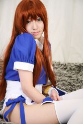 Rule 34 | 1girl, asian, cosplay, couch, curtains, dead or alive, highres, indoors, kasumi (doa), kasumi (doa) (cosplay), long hair, looking at viewer, ninja, pelvic curtain, photo (medium), red hair, saya (cosplayer), solo, tecmo, thighhighs, white thighhighs