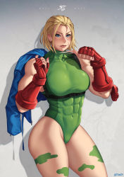 Rule 34 | 1girl, ahoge, blonde hair, blue eyes, blush, bodypaint, breasts, cammy white, camouflage, capcom, coat, covered abs, covered navel, dress, facial scar, fingerless gloves, gauntlets, gloves, green leotard, hair between eyes, highres, holding, holding clothes, holding coat, leotard, looking at viewer, messy hair, mootium, scar, scar on cheek, scar on face, short hair, simple background, smile, solo, street fighter, street fighter 6, thighs, thong leotard, unkempt