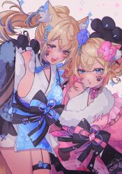 Rule 34 | 2girls, absurdres, animal ear fluff, animal ears, animal hands, belt, black collar, black sash, blonde hair, blue belt, blue eyes, blue hair, blue kimono, blush, breasts, collar, dog ears, dog girl, dog paws, floral print kimono, flower, fuwawa abyssgard, fuwawa abyssgard (new year), hair flower, hair ornament, highres, hololive, hololive english, japanese clothes, kimono, kokomi (aniesuakkaman), large breasts, looking at viewer, mococo abyssgard, mococo abyssgard (new year), multicolored hair, multiple girls, obi, official alternate costume, open mouth, pink belt, pink eyes, pink hair, pink kimono, ponytail, sash, short hair, siblings, sisters, sleeveless, sleeveless kimono, small breasts, smile, spiked collar, spikes, streaked hair, twins, twintails, virtual youtuber