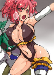 Rule 34 | 1girl, alternate costume, breast press, breasts, cleavage, hair bobbles, hair ornament, headlock, heavy breathing, large breasts, navel, onozuka komachi, open mouth, red eyes, red hair, revealing clothes, sideboob, slingshot swimsuit, suikamaru, sweat, swimsuit, thigh strap, thighhighs, touhou, two side up, unfinished, white thighhighs