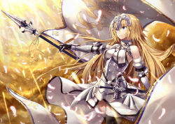 Rule 34 | 1girl, armor, armored dress, banner, bare shoulders, black gloves, black thighhighs, blonde hair, blue eyes, breasts, chain, closed mouth, cloud, cloudy sky, commentary request, dress, elbow gloves, fate/grand order, fate (series), faulds, feathers, floating hair, fur-trimmed gloves, fur-trimmed legwear, fur trim, gabiran, gauntlets, gloves, glowing, glowing feather, hair between eyes, halterneck, headpiece, holding, holding polearm, holding spear, holding weapon, jeanne d&#039;arc (fate), jeanne d&#039;arc (ruler) (fate), jeanne d&#039;arc (third ascension) (fate), light rays, long hair, looking away, medium breasts, plackart, polearm, scabbard, sheath, sheathed, sky, smile, solo, spear, standard bearer, standing, sunlight, tassel, thighhighs, very long hair, weapon, white dress, white feathers, wind, wind lift