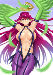 Rule 34 | 1girl, absurdres, armpits, arms up, blurry, breasts, claws, closed mouth, collarbone, cowboy shot, depth of field, duel monster, feathered wings, green eyes, hair between eyes, harpie lady, harpie lady 1, harpy, highres, large breasts, long hair, looking at viewer, monster girl, muto dt, navel, pantyhose, pointy ears, purple pantyhose, red hair, slingshot swimsuit, solo, swimsuit, talons, winged arms, wings, yu-gi-oh!