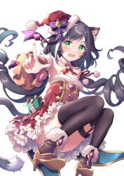 Rule 34 | absurdres, animal ear fluff, animal ears, bare shoulders, black hair, blush, cat ears, cat girl, cat tail, christmas, fang, gift, green eyes, hat, highres, karyl (princess connect!), long hair, low twintails, multicolored hair, princess connect!, santa costume, santa hat, tail, thighhighs, tsukachii, twintails, very long hair