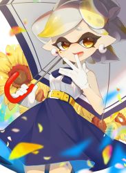 1girl, bangs, blonde hair, blue skirt, casual, cowboy shot, domino mask, earrings, flower, food, food on head, gloves, gradient hair, grey hair, high-waist skirt, highres, holding, holding umbrella, jewelry, looking at viewer, marie (splatoon), mask, mole, mole under eye, multicolored hair, nintendo, nomu, object on head, open mouth, orange eyes, petals, pointy ears, shirt, short hair, skirt, sleeveless, sleeveless shirt, smile, solo, splatoon (series), standing, sunflower, swept bangs, tentacle hair, umbrella, white gloves, white shirt, wind, yellow belt