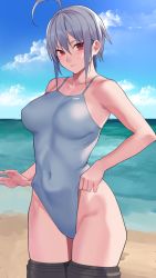 Rule 34 | 1girl, ahoge, beach, blue one-piece swimsuit, blue sky, breasts, cloud, commentary request, cowboy shot, day, grey one-piece swimsuit, highleg, highleg swimsuit, highres, horizon, medium breasts, ocean, one-piece swimsuit, original, outdoors, red eyes, sawatari kazuma, short hair, silver hair, sky, solo, swimsuit, thighhighs