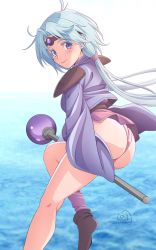 Rule 34 | 1girl, ass, blue hair, blush, circlet, closed mouth, dress, haou taikei ryuu knight, highres, long hair, looking at viewer, nori (norimakigumo), paffy pafuricia, panties, purple eyes, skirt, smile, solo, staff, twintails, underwear, very long hair