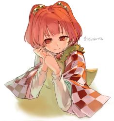 Rule 34 | 1girl, apron, bell, checkered clothes, checkered kimono, hair bell, hair ornament, japanese clothes, jpeg artifacts, kimono, long sleeves, motoori kosuzu, orange hair, pisoshi, short hair, simple background, smile, solo, text focus, touhou, twintails, two side up, upper body, white background, wide sleeves