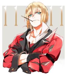 Rule 34 | 1boy, black gloves, blonde hair, blue eyes, crossed arms, dated, eizen (tales), food, food in mouth, gloves, gotou (pixiv37128), grey background, looking at viewer, male focus, pocky, pocky day, shaded face, short hair, solo, square, tales of (series), tales of berseria