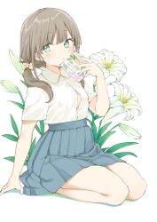 Rule 34 | 1girl, arm support, blush, book, book to mouth, bow, brown hair, button gap, collared shirt, commentary, dot mouth, dot nose, expressionless, flower, green eyes, grey skirt, hair bow, hair ornament, highres, holding, holding book, leaf, lily (flower), looking at viewer, low twintails, maigoyaki, miniskirt, original, plant, pleated skirt, school uniform, seiza, shirt, shirt tucked in, short sleeves, sitting, skirt, solo, symbol-only commentary, thighs, twintails, white flower, white shirt, yellow bow
