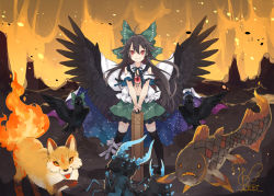Rule 34 | 1girl, ahoge, arm cannon, bandaged leg, bandages, bare shoulders, bird, black hair, black thighhighs, black wings, blue ribbon, bow, bug, cape, clothing cutout, commentary request, crow, feathered wings, fiery tail, fish, fox, frilled shirt collar, frills, green bow, green skirt, grin, hair between eyes, hair bow, hat, highres, long hair, mini hat, mini top hat, miniskirt, navel, neck ribbon, open clothes, open shirt, petticoat, puffy short sleeves, puffy sleeves, red eyes, reiuji utsuho, reiuji utsuho (bird), ribbon, shirt, short sleeves, shoulder cutout, signature, skirt, smile, solo, standing, stomach, tail, thighhighs, tongue, tongue out, top hat, touhou, toutenkou, very long hair, weapon, white cape, white hat, white shirt, wings, zettai ryouiki