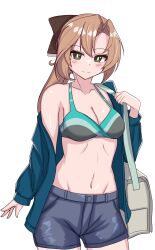 Rule 34 | 1girl, absurdres, akigumo (kancolle), akigumo kai ni (kancolle), alternate costume, bag, bikini, bikini top only, blue jacket, blue shorts, breasts, brown hair, cleavage, collarbone, commentary request, cowboy shot, denim, denim shorts, green eyes, hair ribbon, highres, jacket, kantai collection, long hair, looking at viewer, medium breasts, mole, mole under eye, multicolored bikini, multicolored clothes, open clothes, open jacket, ponytail, ribbon, shorts, simple background, smile, solo, swimsuit, tokiwa senkei, white background