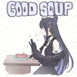 Rule 34 | 1girl, absurdres, asymmetrical horns, black gloves, black hair, bowl, breath, closed eyes, closed mouth, cropped legs, emphasis lines, food, frown, girls (hbo), gloves, hbo max, highres, hololive, hololive english, horns, hyde (tabakko), long hair, meme, nerissa ravencroft, nerissa ravencroft (1st costume), ok sign, on chair, parody, sitting, solo, soup, spoon, table, uneven horns, virtual youtuber