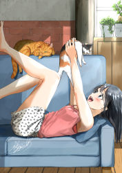 Rule 34 | 1girl, barefoot, black hair, blush, brick wall, cat, couch, highres, indoors, long hair, loungewear, lying, on back, on couch, open mouth, original, patterned clothing, pink shirt, plant, round teeth, shirt, shorts, sleeveless, smile, soragane (banisinngurei), teeth, window, wooden floor