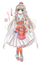 Rule 34 | 1girl, arm guards, armor, breastplate, brown hair, capcom, character request, dress, furukawa lemon, green eyes, japanese armor, long hair, looking at viewer, monster hunter, monster hunter (series), monster hunter 4, simple background, solo, standing, translation request, very long hair, white background, white dress