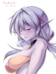 Rule 34 | 1girl, bare shoulders, blue hair, blush, bra, breasts, chain, closed eyes, collar, colored skin, completion time, elf, elf slave (maullarmaullar), female focus, large breasts, low twintails, maullarmaullar, no lineart, original, pointy ears, purple skin, sigh, simple background, slave, solo, strapless, strapless bra, twintails, underwear, upper body