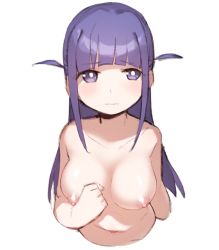 Rule 34 | 1girl, absurdres, blunt bangs, blush, breasts, bright pupils, cleavage, closed mouth, collarbone, cropped arms, cropped torso, goe (g-o-e), highres, large breasts, long hair, looking at viewer, navel, nipples, nude, purple eyes, purple hair, shoujo kageki revue starlight, sidelocks, simple background, solo, stomach, tsuyuzaki mahiru, two side up, upper body, wavy mouth, white background, white pupils